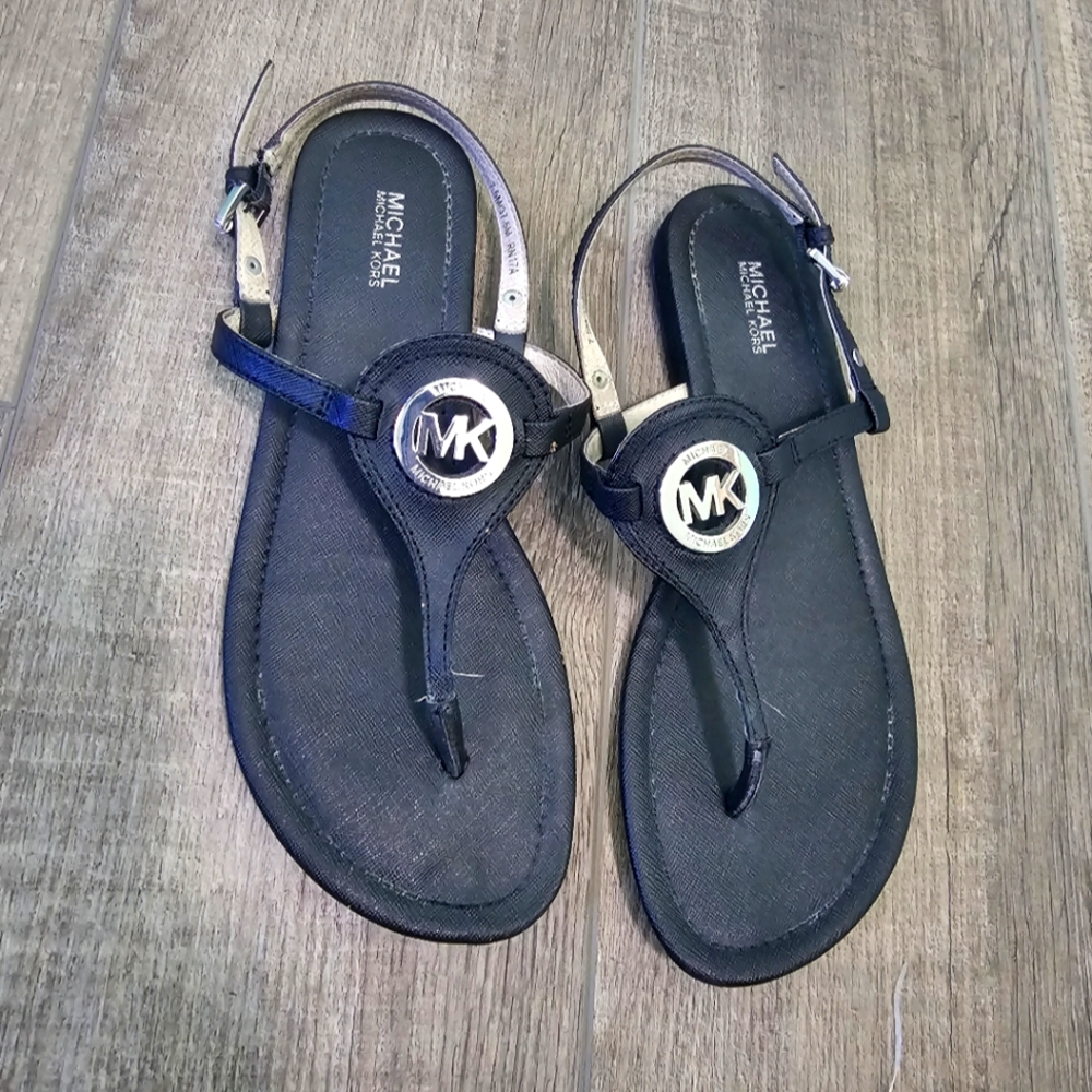 Michael Kors Black Sandals with Silver Logo Size 7.5